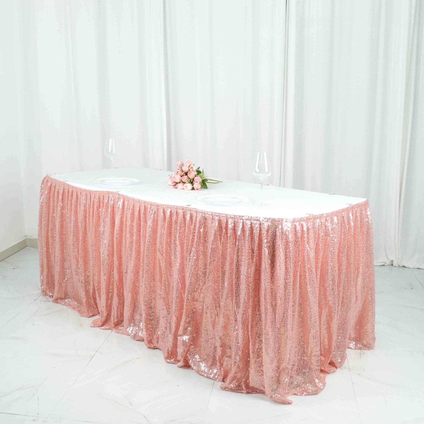 Sequin 17ft Table Skirt Rose Gold - Pleated Satin With Top Velcro Strip Pro Linens