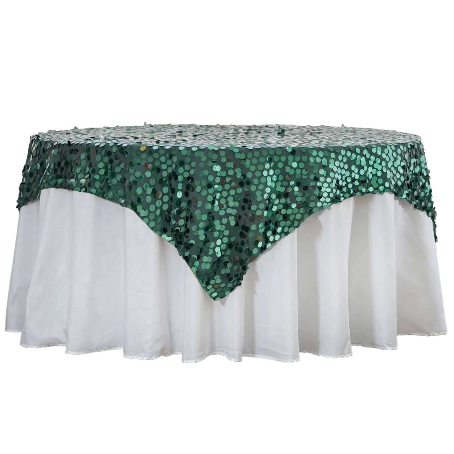 Sequin 72"x72" Table Overlay Square Tablecloth Hunter Emerald Green - Big Payette Table Cover Pro Linens