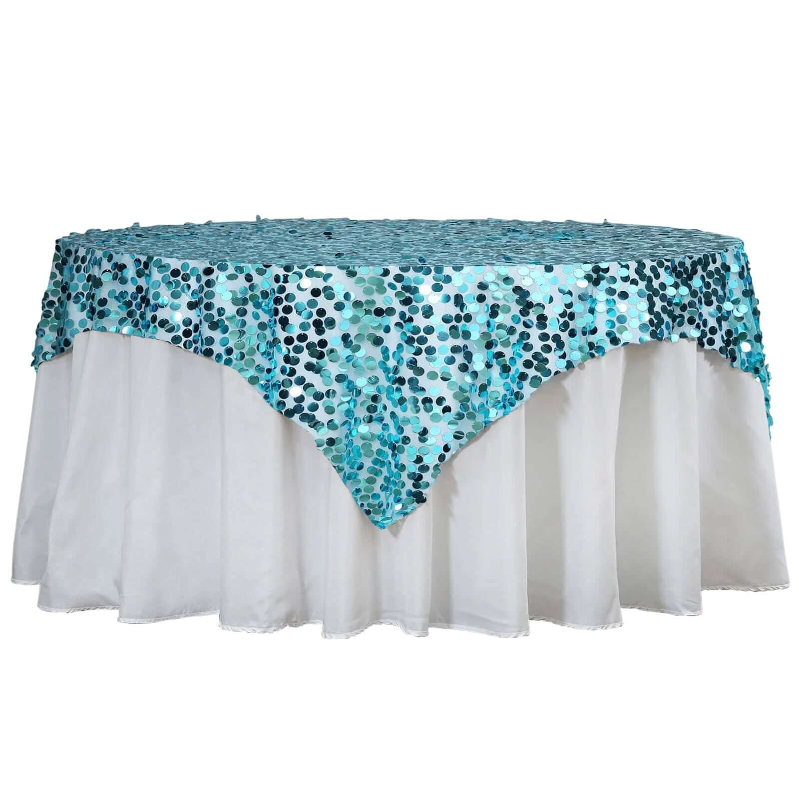 Sequin 72"x72" Table Overlay Square Tablecloth Turquoise - Big Payette Table Cover Pro Linens