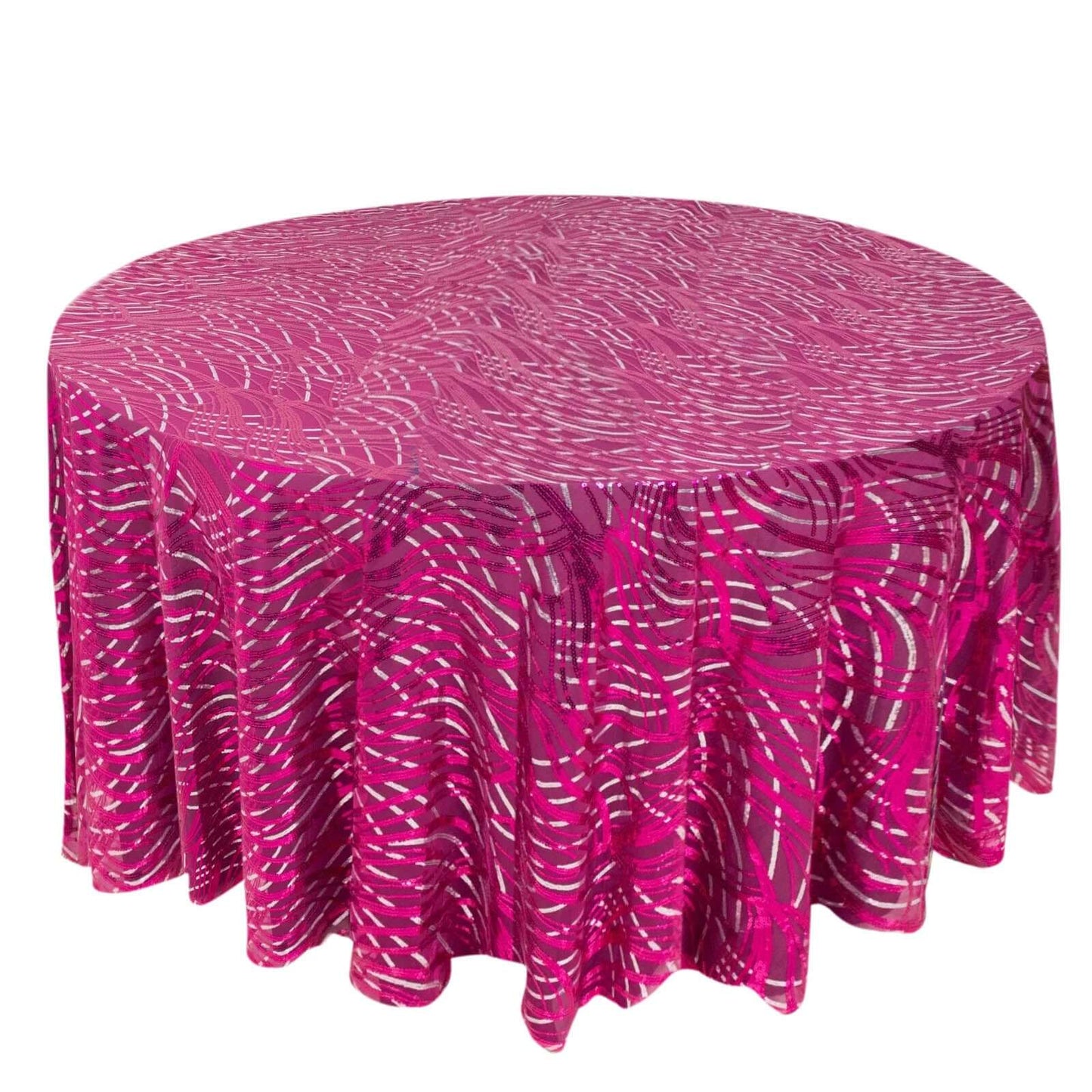 Sequin Mesh 120" Round Tablecloth Fuchsia/Silver - Seamless Wave Embroidered Table Cover - Pro Linens