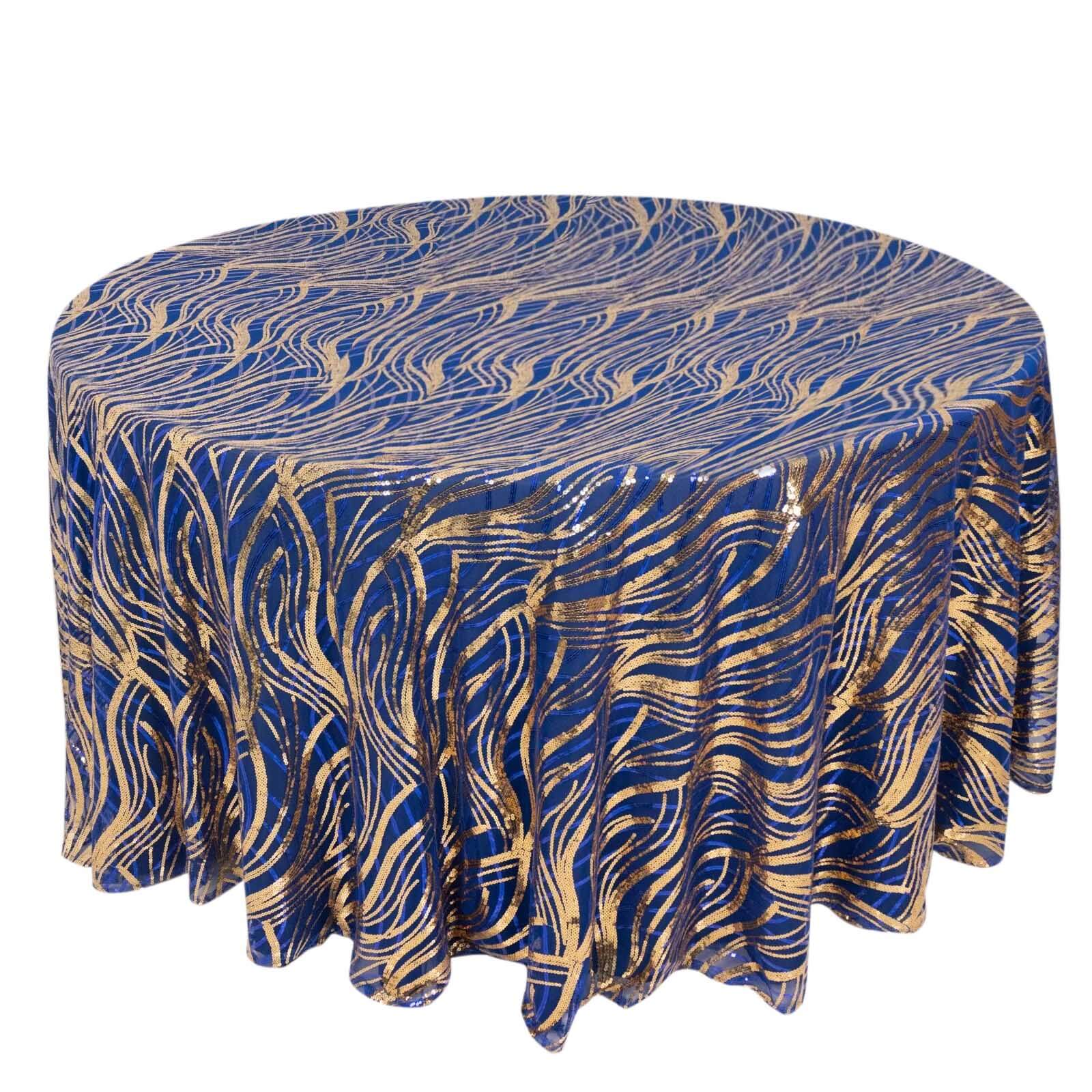 Sequin Mesh 120" Round Tablecloth Royal Blue/Gold - Seamless Wave Embroidered Table Cover - Pro Linens