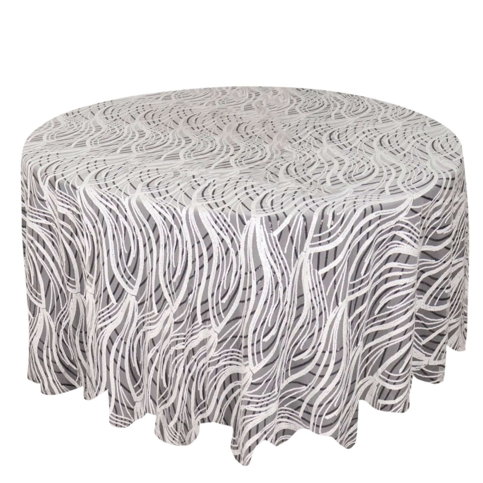 Sequin Mesh 120" Round Tablecloth White Black - Seamless Wave Embroidered Table Cover - Pro Linens