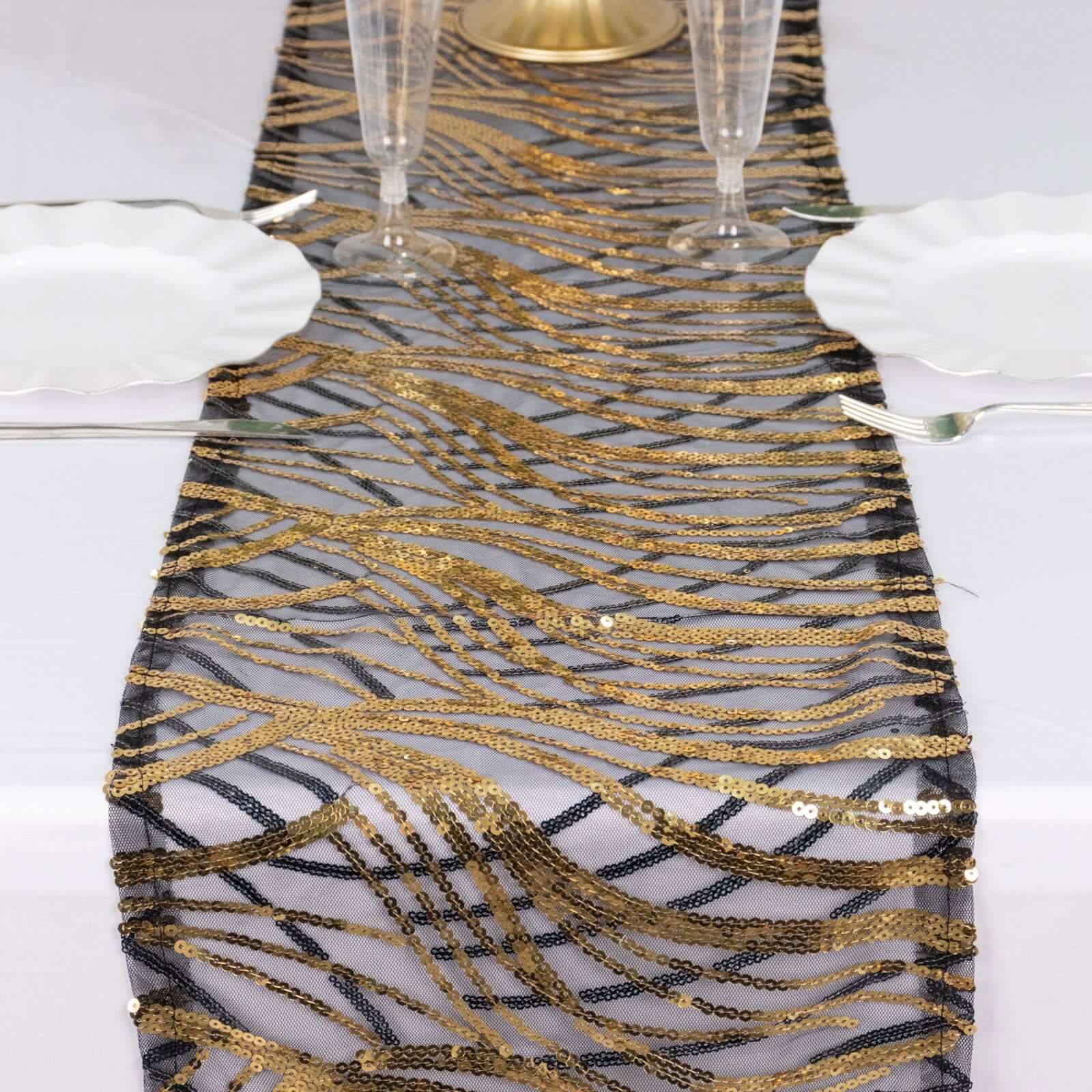 Sequin Mesh 12"x108" Table Runner Black Gold Stylish Wave Embroidery - Pro Linens