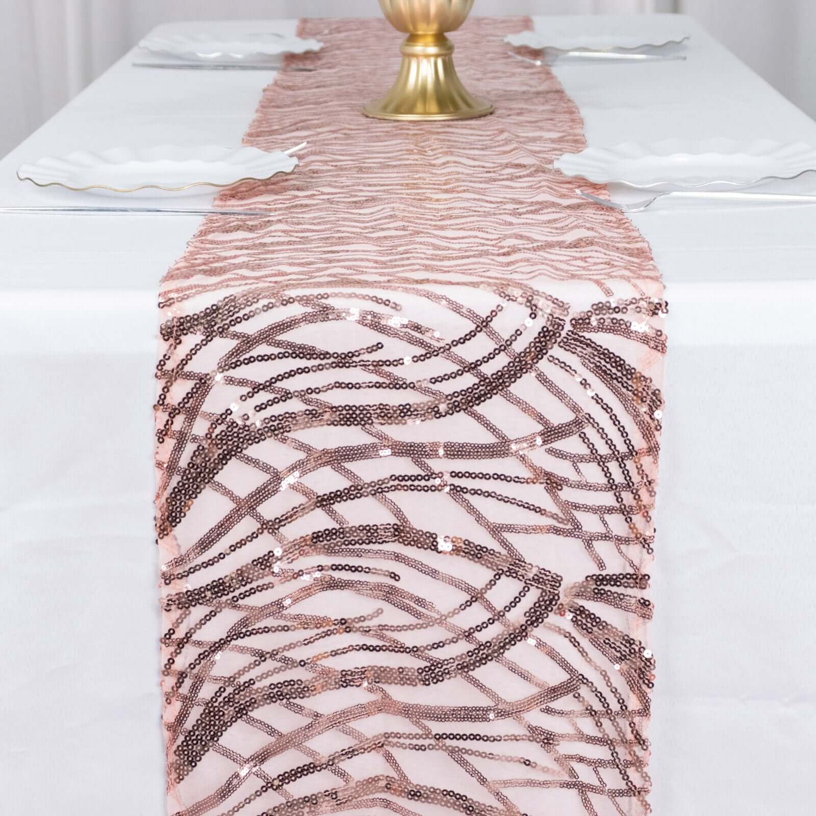 Sequin Mesh 12"x108" Table Runner Blush Stylish Wave Embroidery - Pro Linens