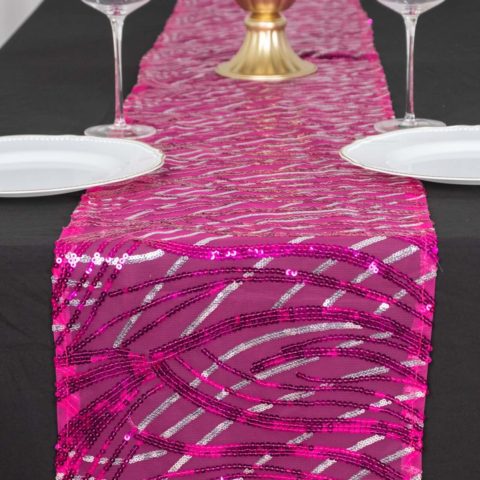 Sequin Mesh 12"x108" Table Runner Fuchsia Stylish Wave Embroidery - Pro Linens