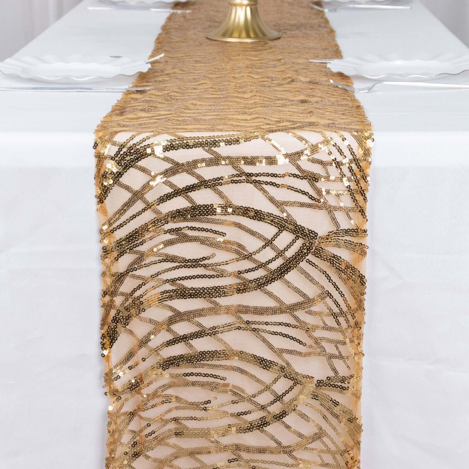 Sequin Mesh 12"x108" Table Runner Gold Wave Embroidered Design for Stylish Occasions Pro Linens