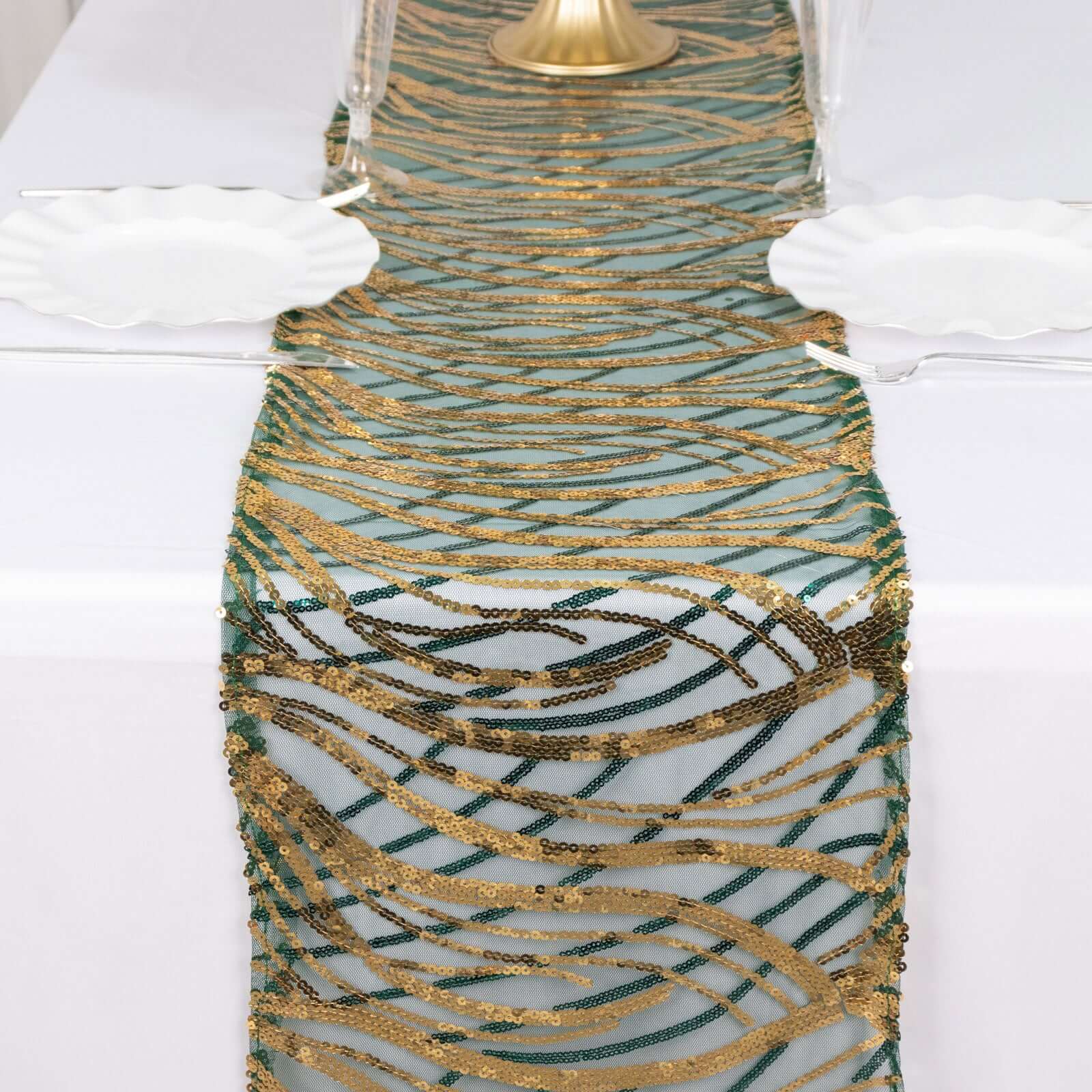 Sequin Mesh 12"x108" Table Runner Hunter Emerald Green Stylish Wave Embroidery - Pro Linens