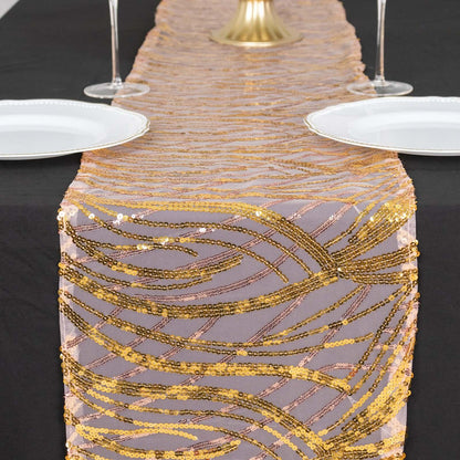 Sequin Mesh 12"x108" Table Runner Rose Gold Stylish Wave Embroidery - Pro Linens