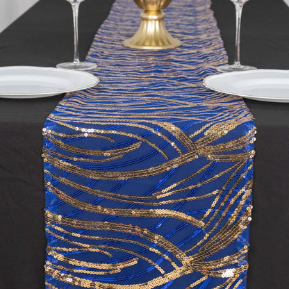 Sequin Mesh 12"x108" Table Runner Royal Blue Stylish Wave Embroidery - Pro Linens