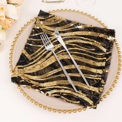 Sequin Mesh 20"x20" Napkin Black Gold - Wave Embroidered Reusable Napkin Pro Linens