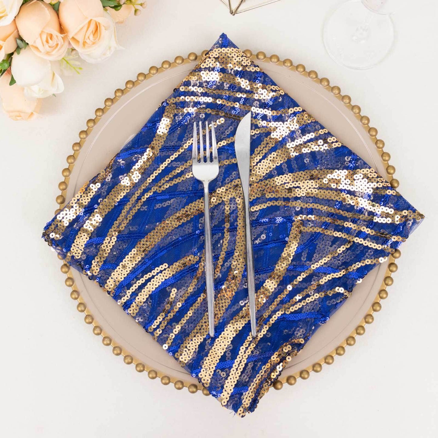 Sequin Mesh 20"x20" Napkin Royal Blue Gold - Wave Embroidered Reusable Napkin Pro Linens