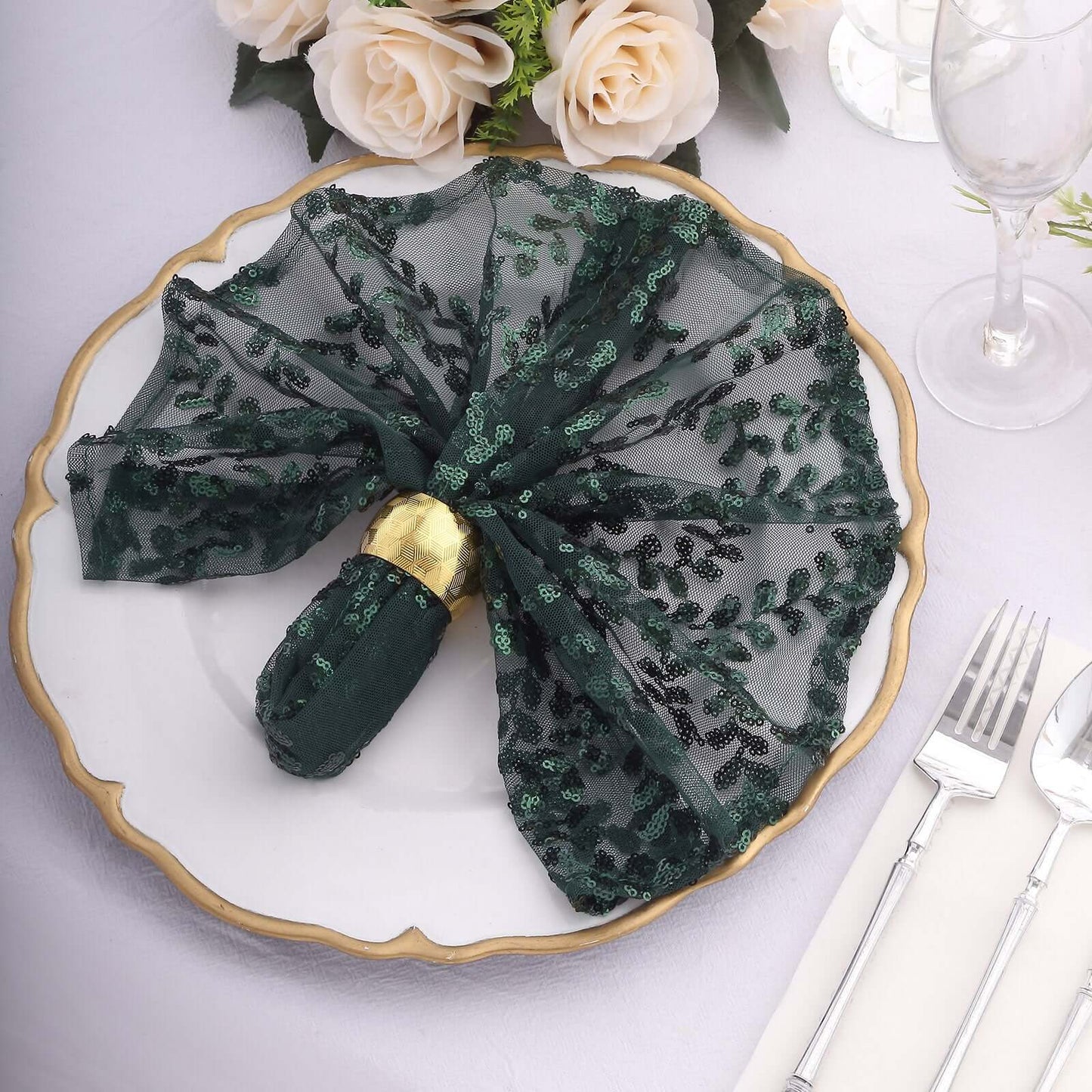 Sequin Tulle 20"x20" Napkin Hunter Emerald Green - Embroidered Leaf Vine Dinner Napkins Pro Linens