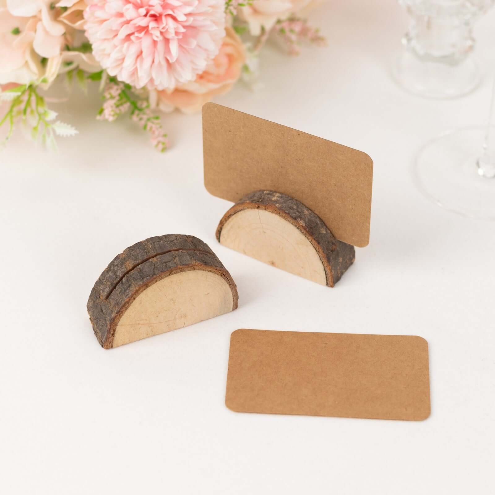 Set of 10 Semicircle Natural Wooden Place Card Holders With Brown Paper Place Cards, 2.5" Rustic Wedding Table Number Display Stands Pro Linens