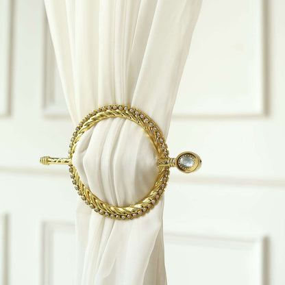 Set of 2 6" Gold Acrylic Braided Barrette Style Curtain Tie Backs With Crystal Diamond Studded Edge, Round Backdrop Drapery Brooch Holdbacks Pro Linens