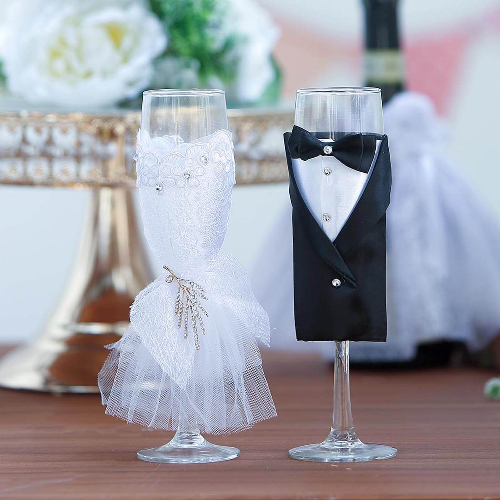 Set of 2 9" Black Bride Groom Koozie Clear Champagne Glasses, Wedding Toast Flutes Pro Linens