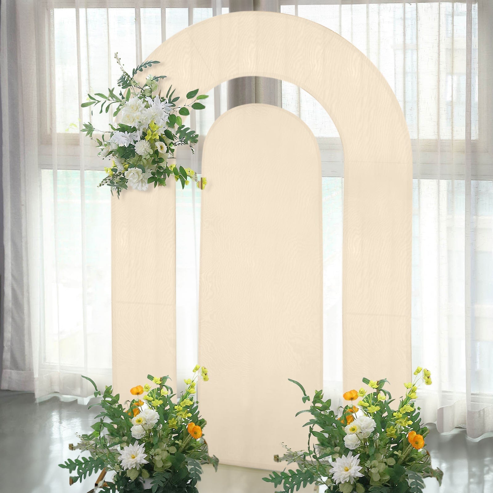 Set of 2 Beige Spandex Fitted Wedding Arch Covers for Round Top and Double Arch Chiara Backdrop Stands - 6ft,8ft Pro Linens