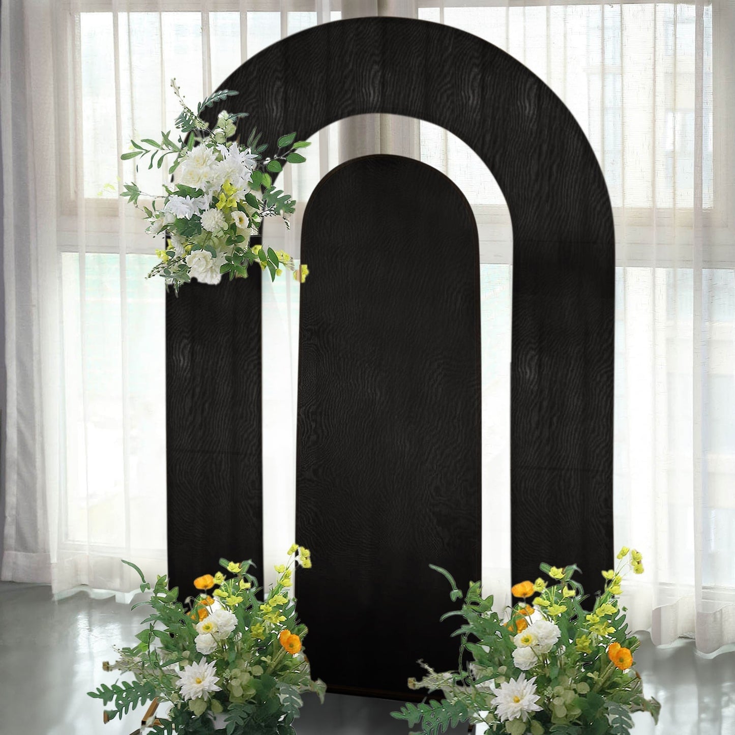 Set of 2 Black Spandex Fitted Wedding Arch Covers for Round Top and Double Arch Chiara Backdrop Stands - 6ft,8ft Pro Linens