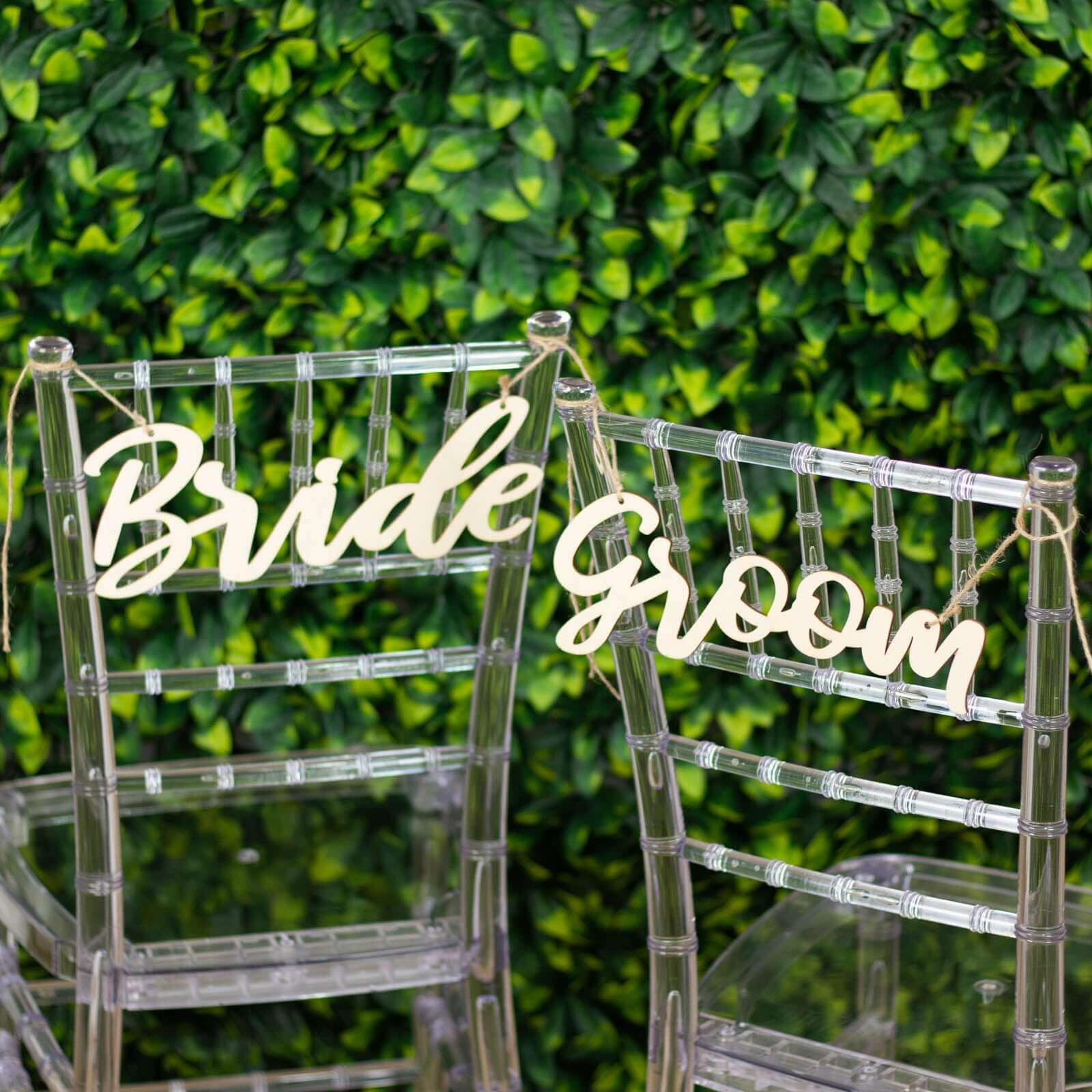 Set of 2 Bride and Groom Chair Signs Natural Wood - Charming Calligraphy Wall Hanging Wedding Decor & Props 12"x5" Pro Linens