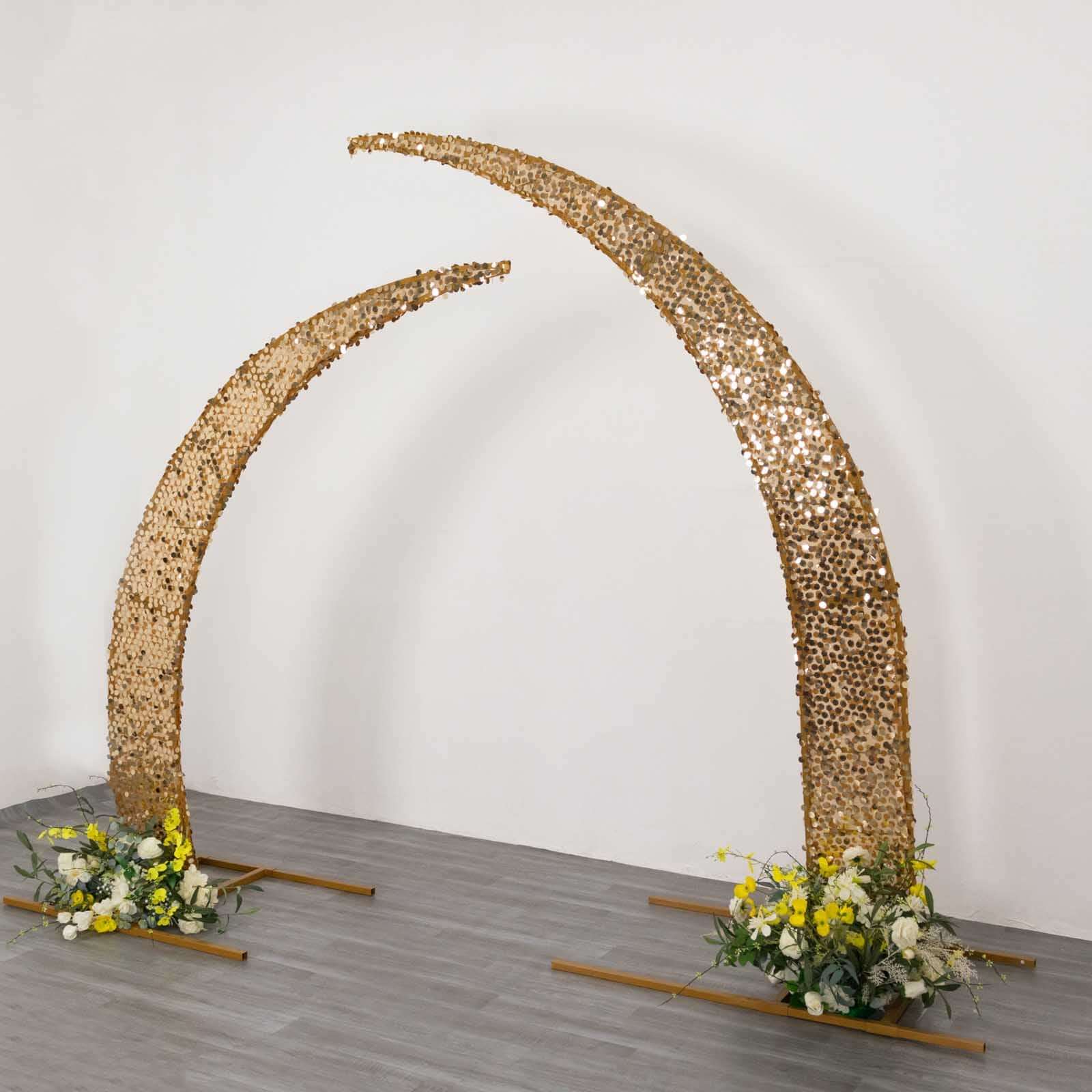 Set of 2 Gold Big Payette Sequin Backdrop Stand Cover for Half Crescent Moon Wedding Arch, Sparkly Double Sided - 6.5ft, 8ft Pro Linens