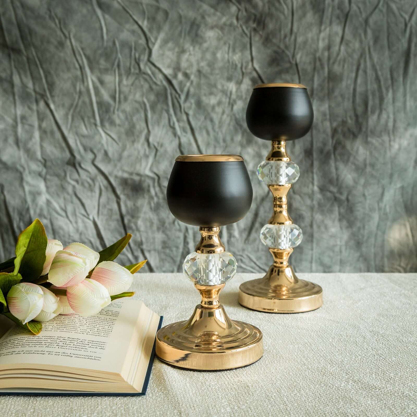 Set of 2 Gold Black Metal Crystal Lamp Tealight Votive Candle Holder - 7"11" Pro Linens