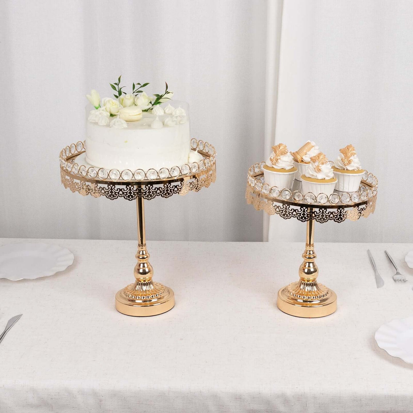 Set of 2 Gold Crystal Beaded Metal Cupcake Dessert Display Stands With Mirror Top, Round Pedestal Cake Stands - 11", 13" Pro Linens