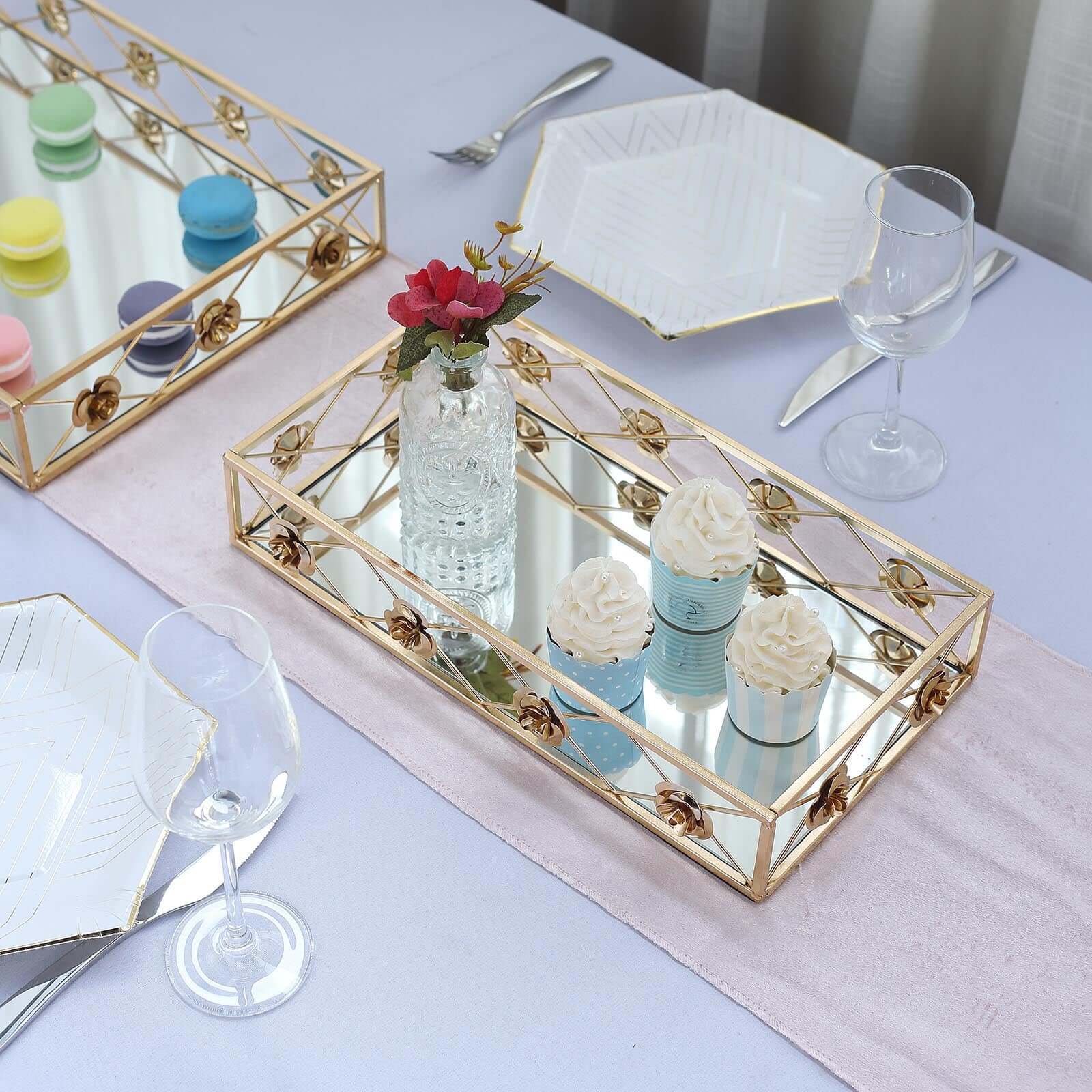 Set of 2 Gold Metal Decorative Vanity Serving Trays, Rose Bordered Rectangle Mirrored Trays - 19"x12" 15"x8" Pro Linens