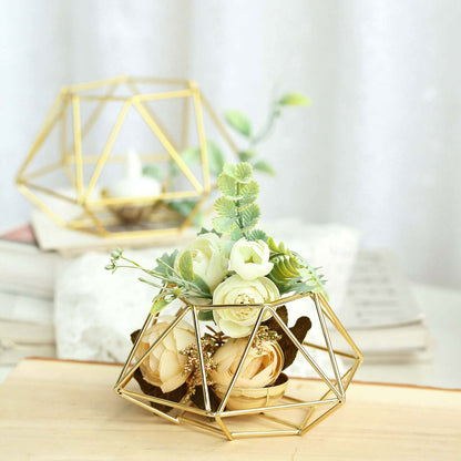 Set of 2 Gold Metal Hexagon Candle Holder Set, Geometric Table Centerpiece - 4" 3" Pro Linens