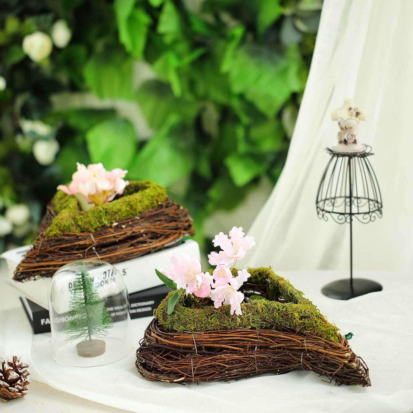 Set of 2 Green Heart Shaped Preserved Moss Twigs Planter Boxes, Flower Baskets - 14", 11" Pro Linens