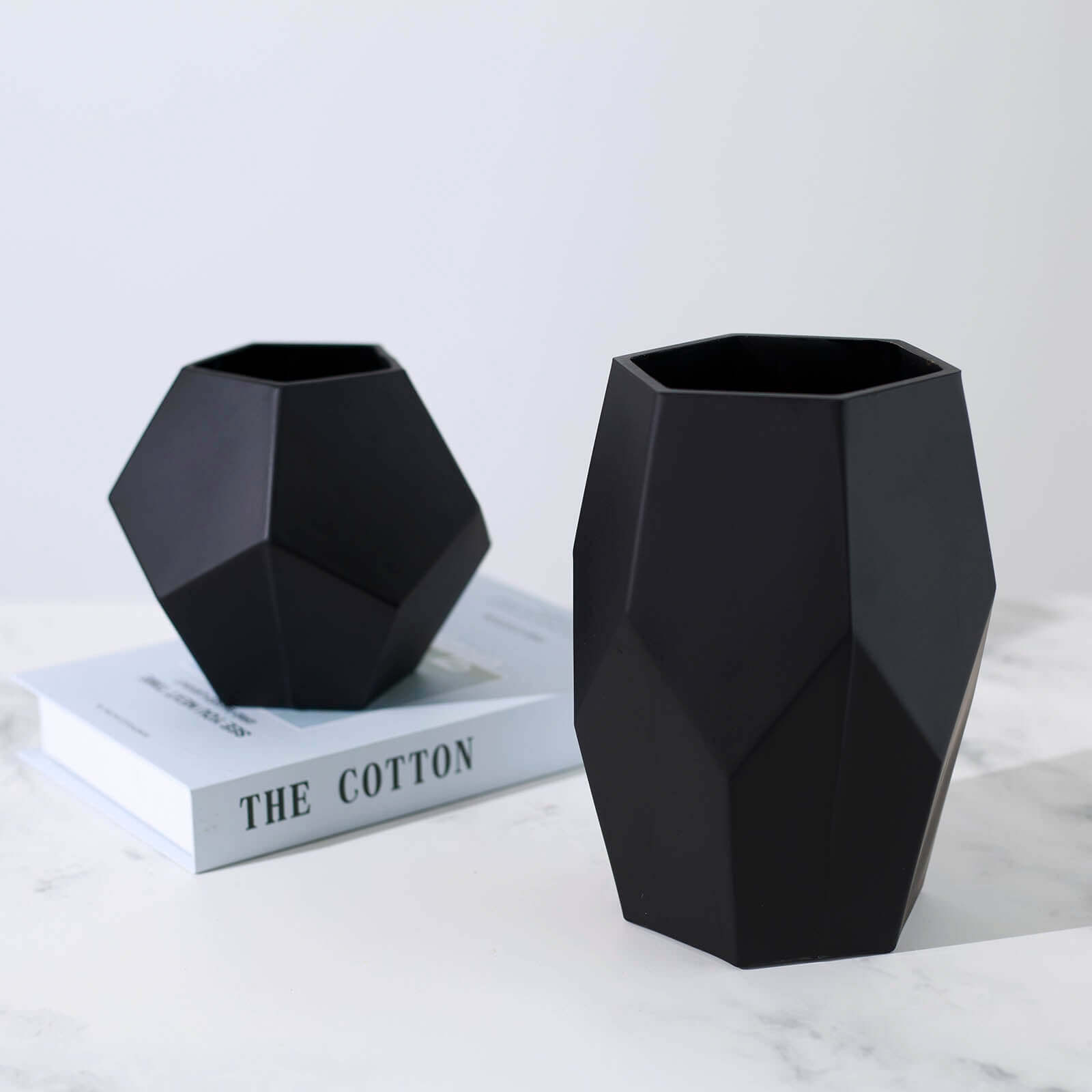 Set of 2 Matte Black Modern Geometric Flower Vases, Pentagon Glass Candle Holders - 5",8" Pro Linens