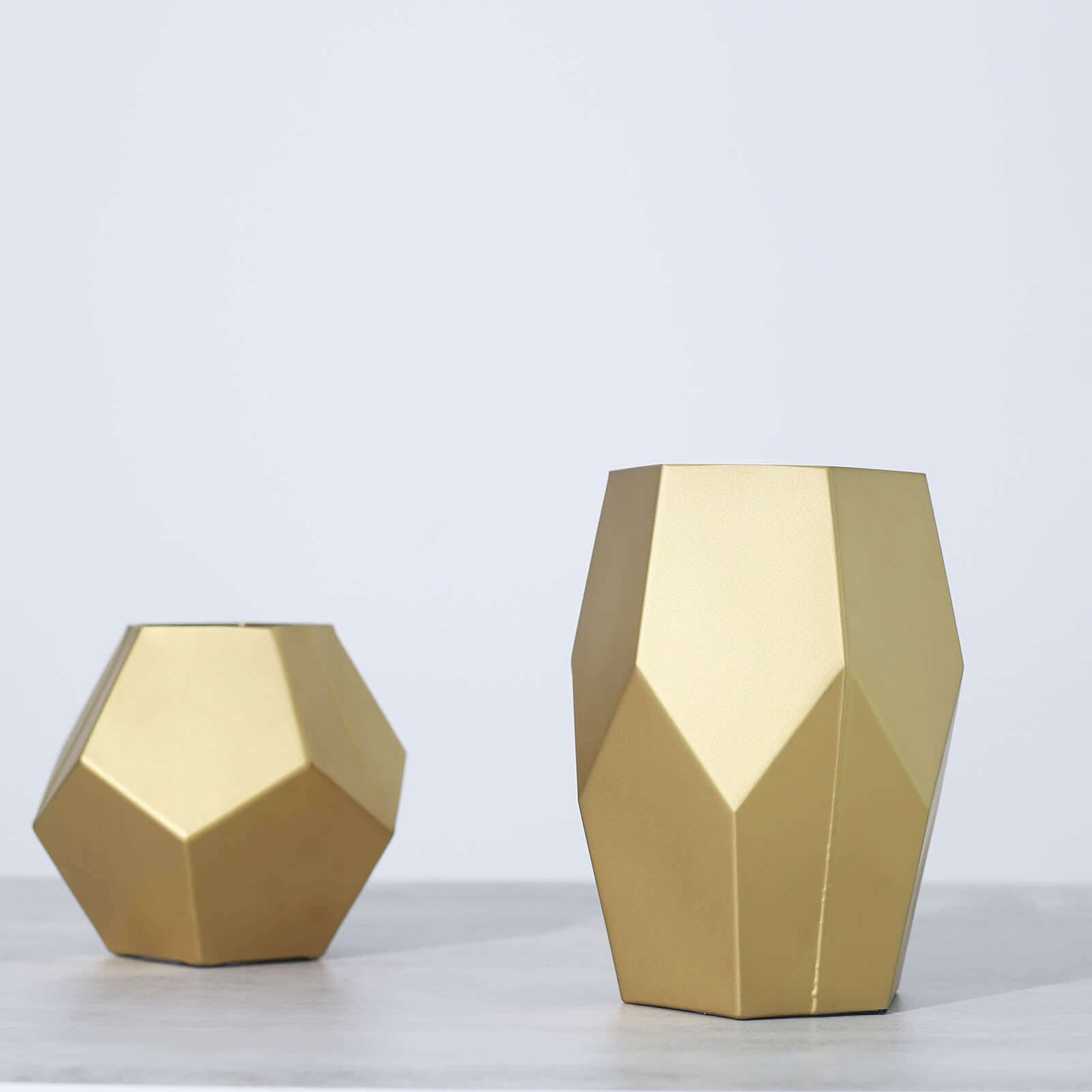 Set of 2 Matte Gold Modern Geometric Flower Vases, Pentagon Glass Candle Holders - 5",8" Pro Linens