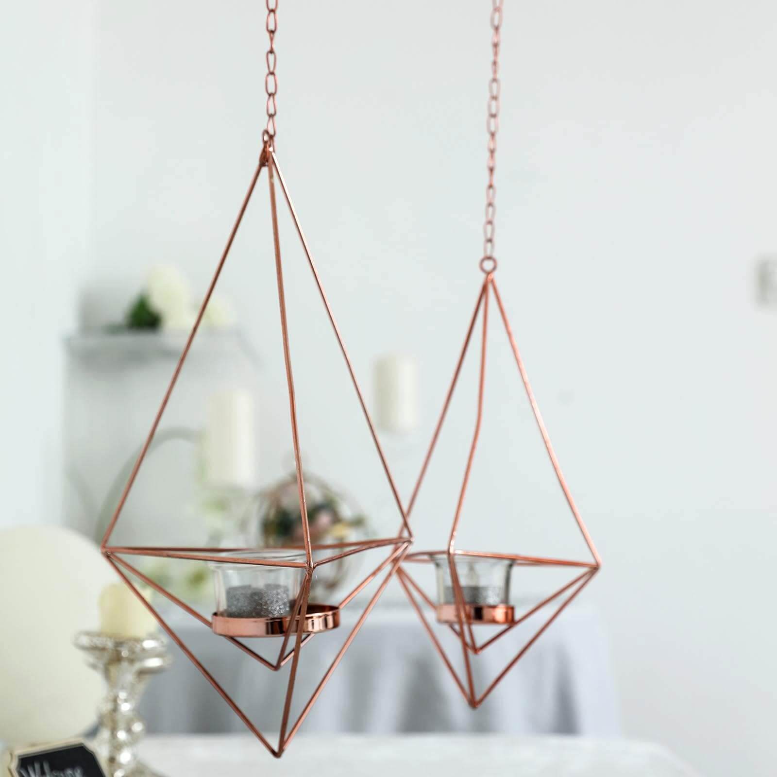 Set of 2 Rose Gold Hanging Diamond Tealight Candle Holders, Open Frame Metal Geometric Flower Terrariums - 12", 15" Pro Linens