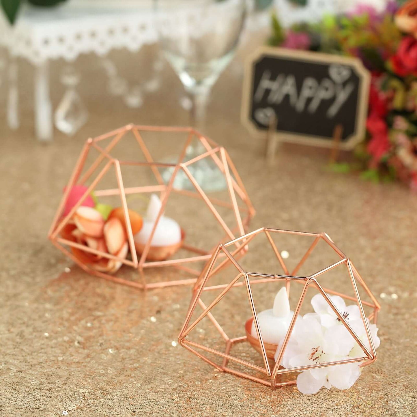 Set of 2 Rose Gold Metal Hexagon Candle Holder, Geometric Table Centerpiece Set - 4"3" Pro Linens