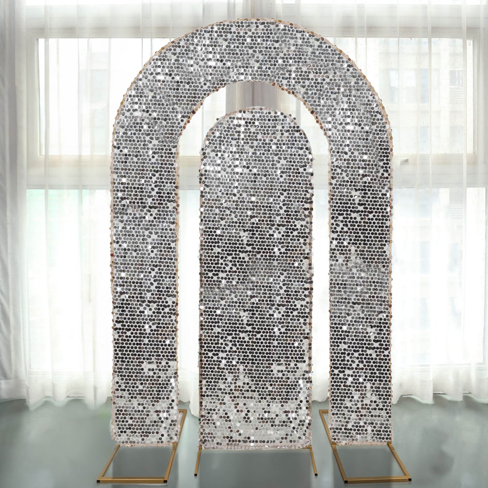 Set of 2 Silver Payette Sequin Wedding Arch Covers for Round Top and Double Arch Chiara Backdrop Stands - 6ft,8ft Pro Linens