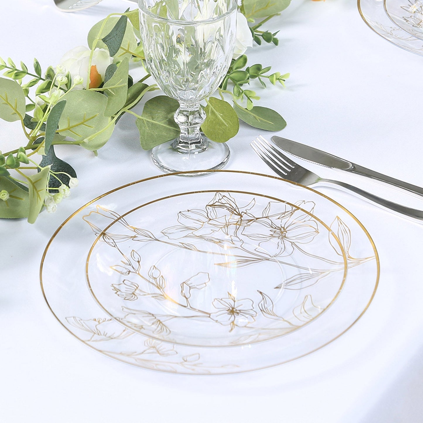 Set of 20 Clear Plastic Dinner Dessert Plates With Metallic Gold Floral Design, Disposable Round Party Plates - 8",10" Pro Linens