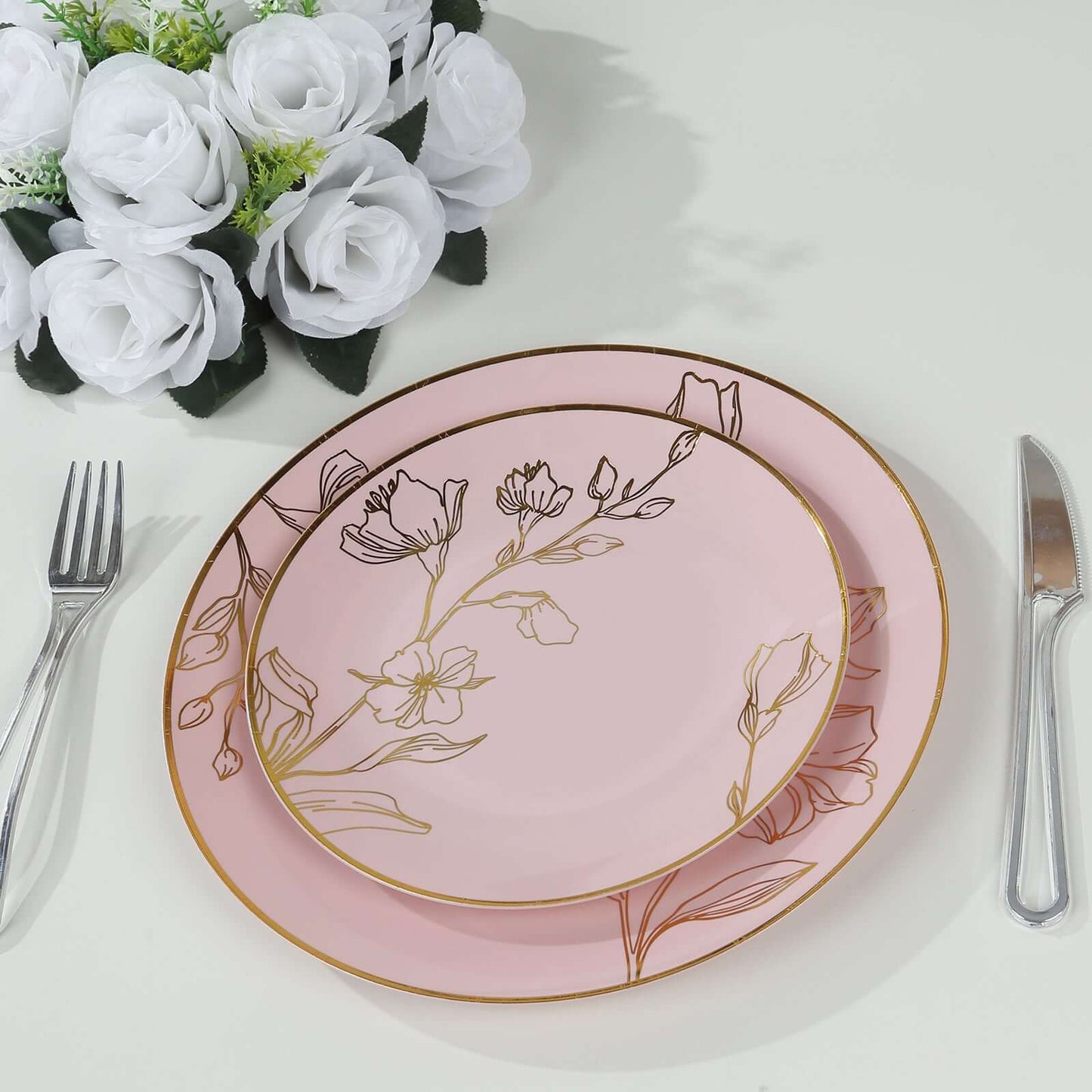 Set of 20 Dusty Rose Plastic Dinner Dessert Plates With Metallic Gold Floral Design, Disposable Round Party Plates - 8",10" Pro Linens