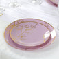 Set of 20 Lavender Lilac Plastic Dinner Dessert Plates With Metallic Gold Floral Design, Disposable Round Party Plates - 8",10" Pro Linens