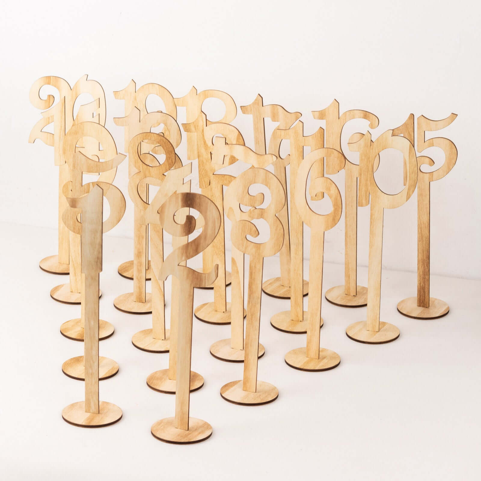 Set of 20 Natural Wooden 1-20 Wedding Table Numbers on Sticks With Round Base, 11" Tall Rustic Table Signs Pro Linens