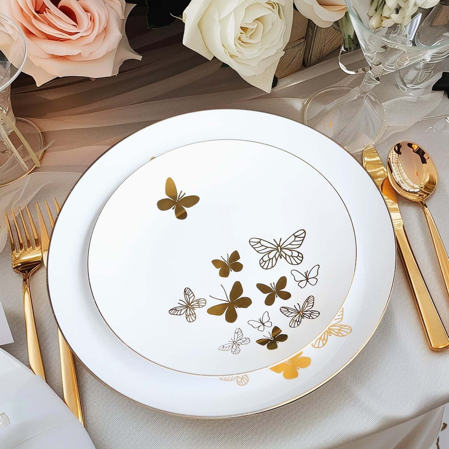 Set of 20 White Gold Butterfly Plastic Party Plates, Round Disposable Dinner and Salad Plates with Gold Rim - 10",8" Pro Linens