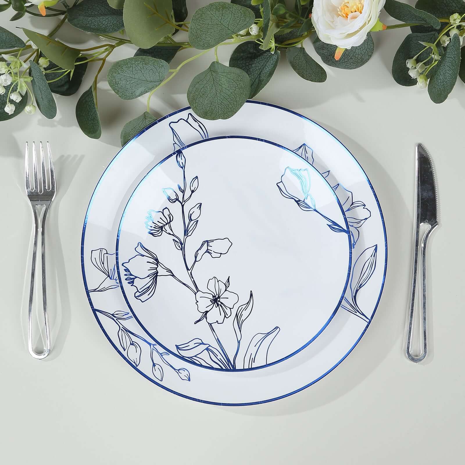 Set of 20 White Plastic Dinner Dessert Plates With Metallic Blue Floral Design, Disposable Round Party Plates - 8",10" Pro Linens