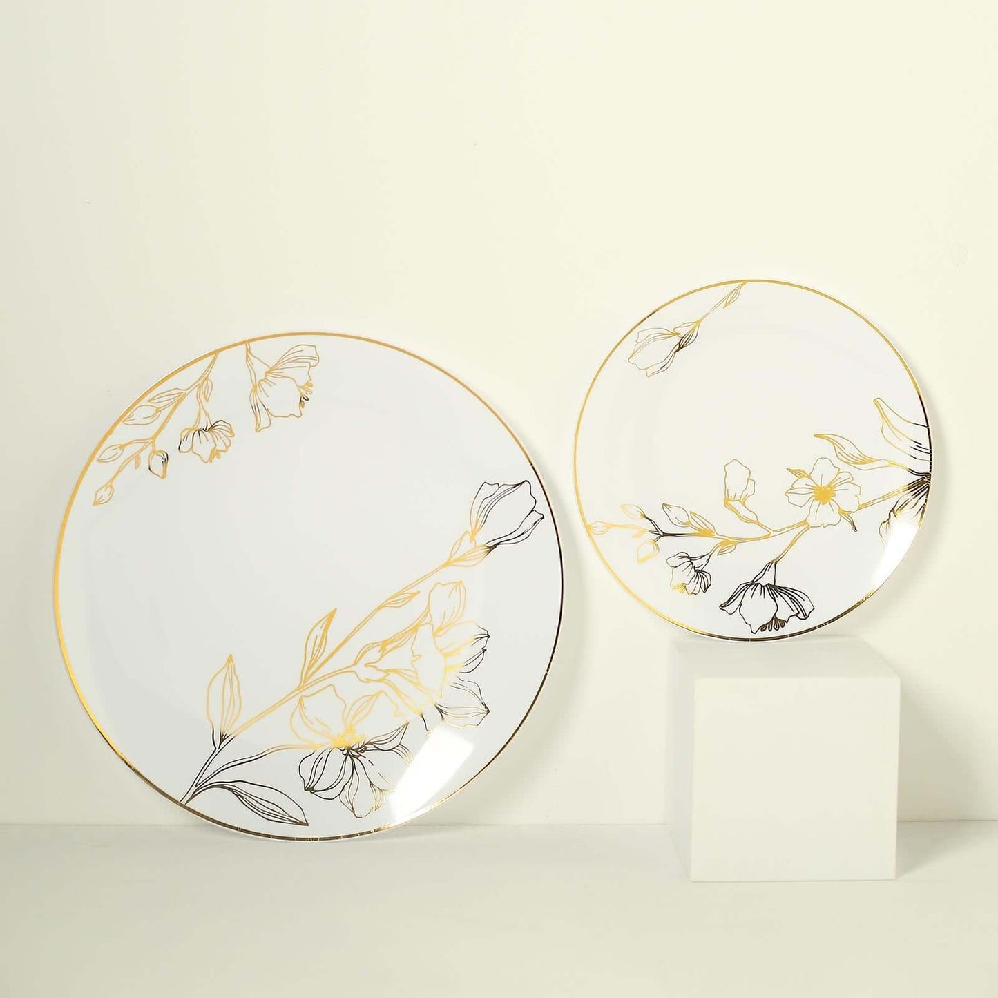 Set of 20 White Plastic Dinner Dessert Plates With Metallic Gold Floral Design, Disposable Round Party Plates - 8",10" Pro Linens