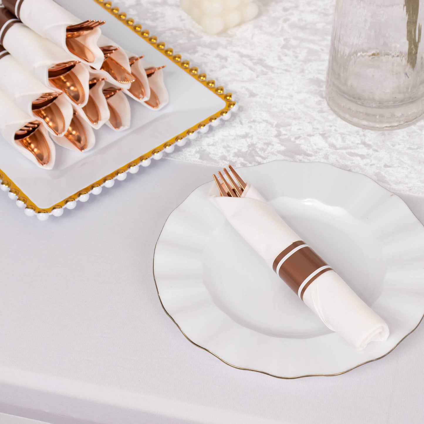 Set of 24 Pre Rolled White Paper Napkins with Rose Gold Plastic Silverware, Disposable Wrapped Cutlery Set - 24 Napkins, 24 Spoons, 24 Forks and 24 Knives Pro Linens