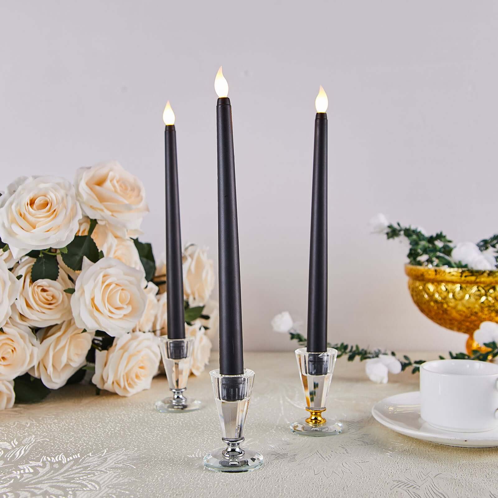 Set of 3 11" Black LED Taper Candles, Flameless Battery Operated Flickering Reusable Candles Pro Linens