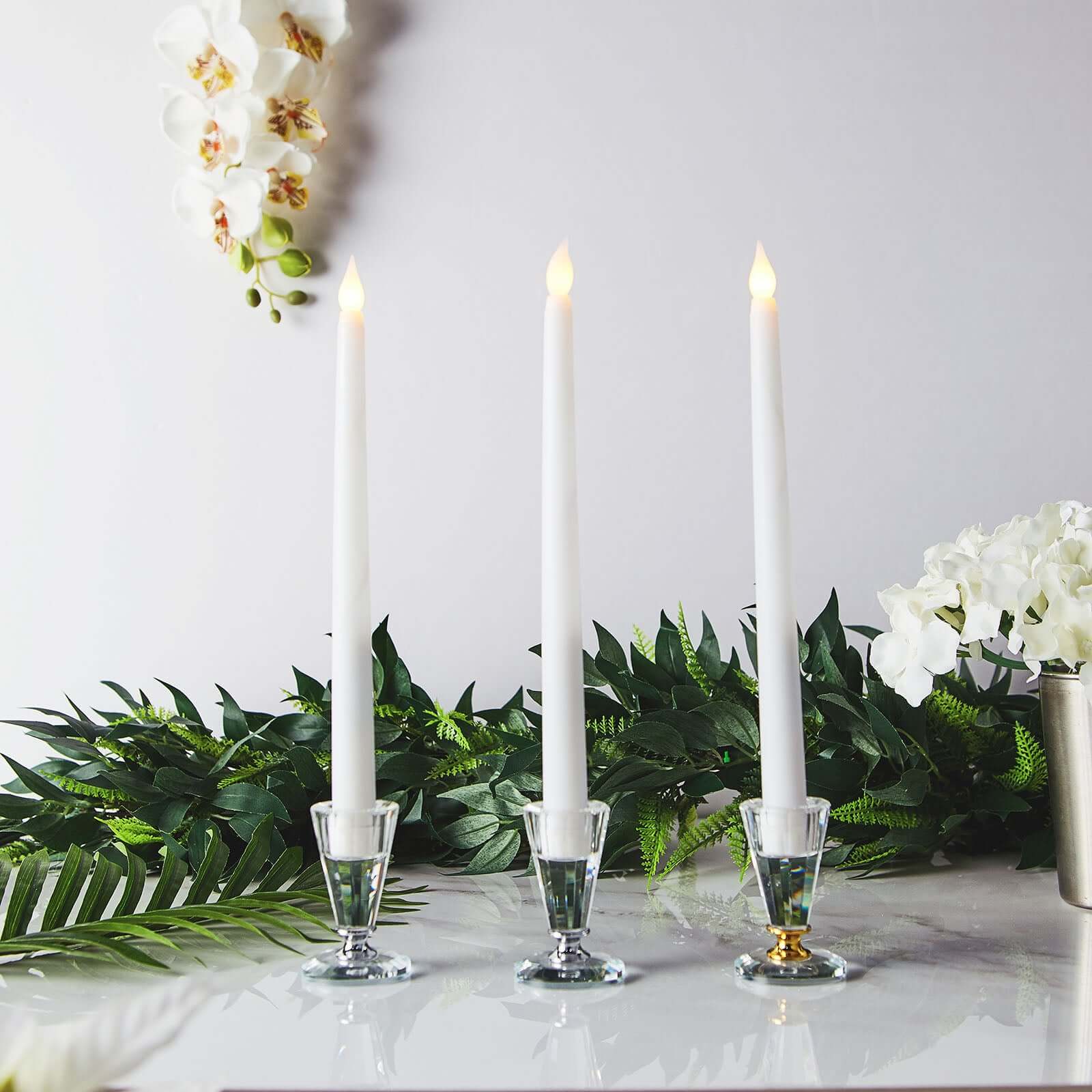 Set of 3 11" White LED Taper Candles, Flameless Battery Operated Flickering Reusable Candles Pro Linens