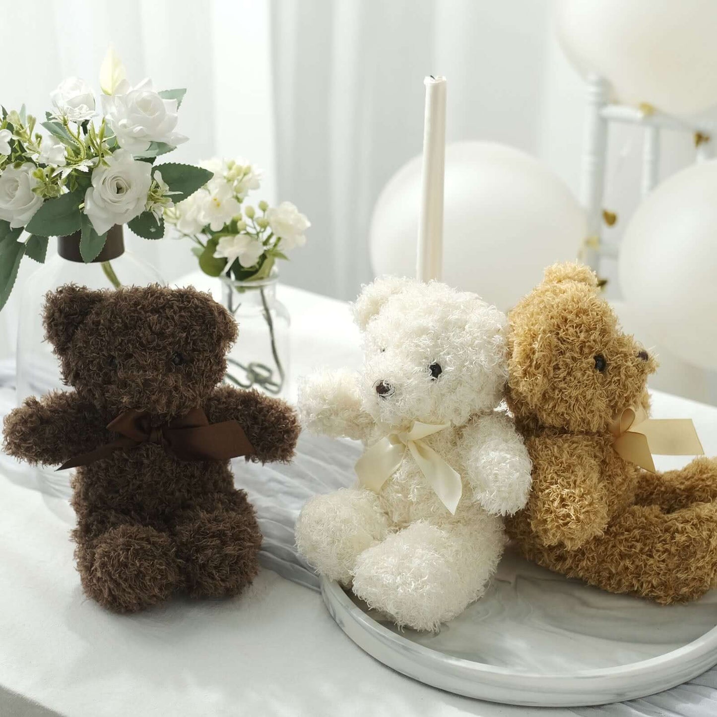 Set of 3 7" Cute Plush Stuffed Teddy Bears Party Favors Centerpiece Decor, Soft Toy Animals Party Decorations - Dark Brown,Ivory,Natural Pro Linens