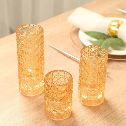 Set of 3 Amber Gold Glass Taper Candle Stick Stand with Gemstone Pattern, Dual Sided Crystal Cylinder Tealight Candle Holders - 3",4",5.5" Pro Linens