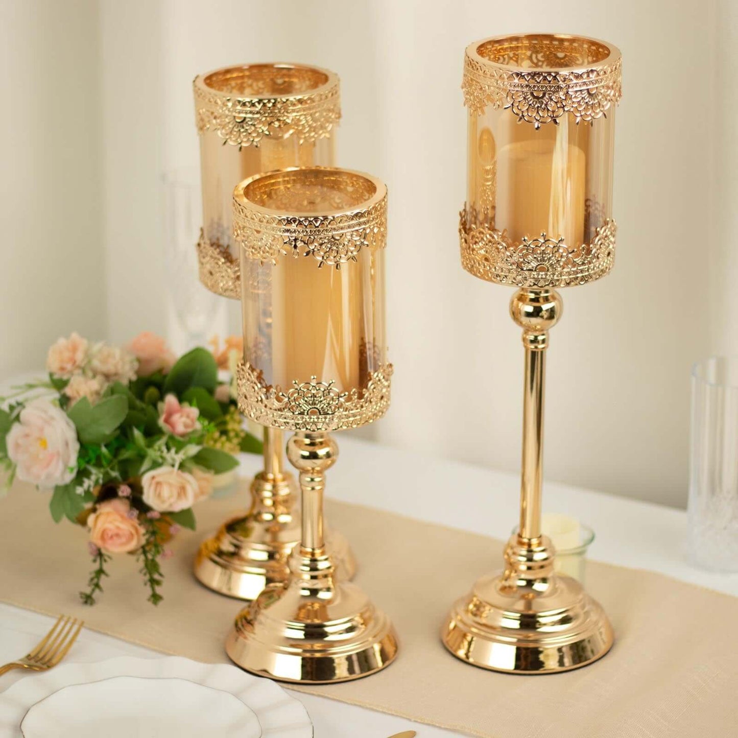 Set of 3 Antique Gold Hurricane Glass Pillar Candle Holders, Lace Design Votive Candle Stands - 13",15",17" Pro Linens