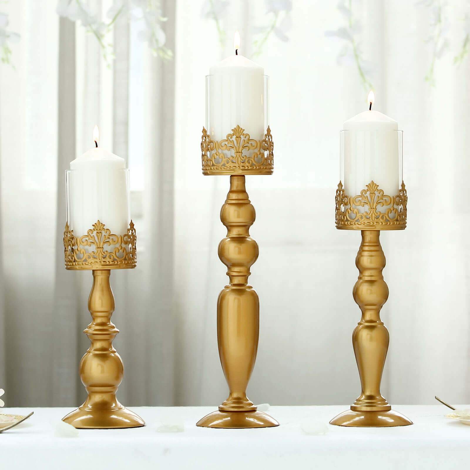 Set of 3 Antique Gold Lace Hurricane Glass Pillar Candle Holders - 12" 14" 17" Pro Linens