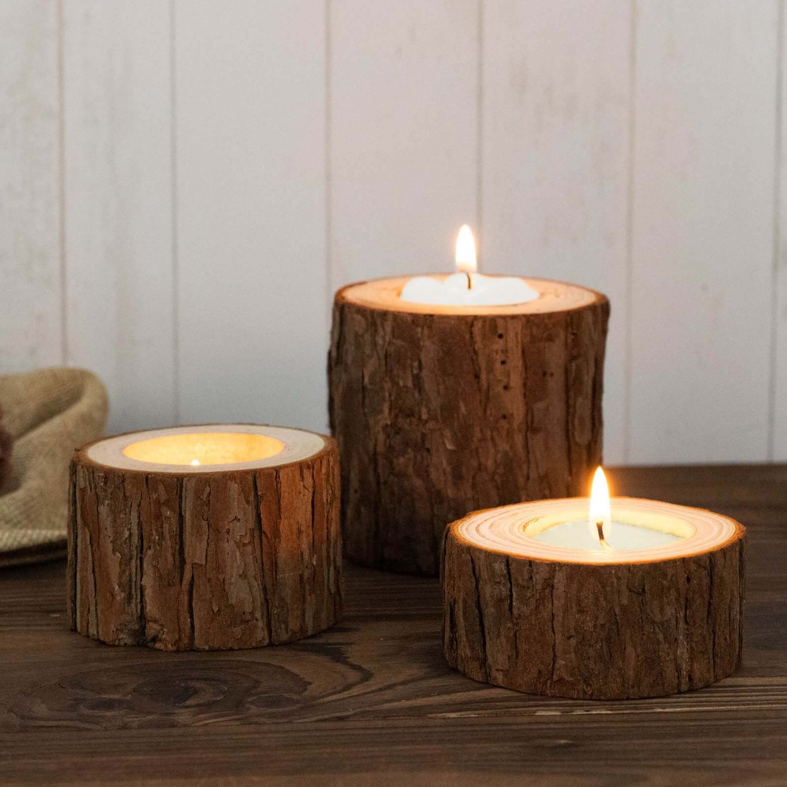 Set of 3 Assorted Rustic Wood Slice Tealight Candle Holders, Farmhouse Tree Branch Wedding Table Décor - 2.75", 1.5", 1.25" Pro Linens