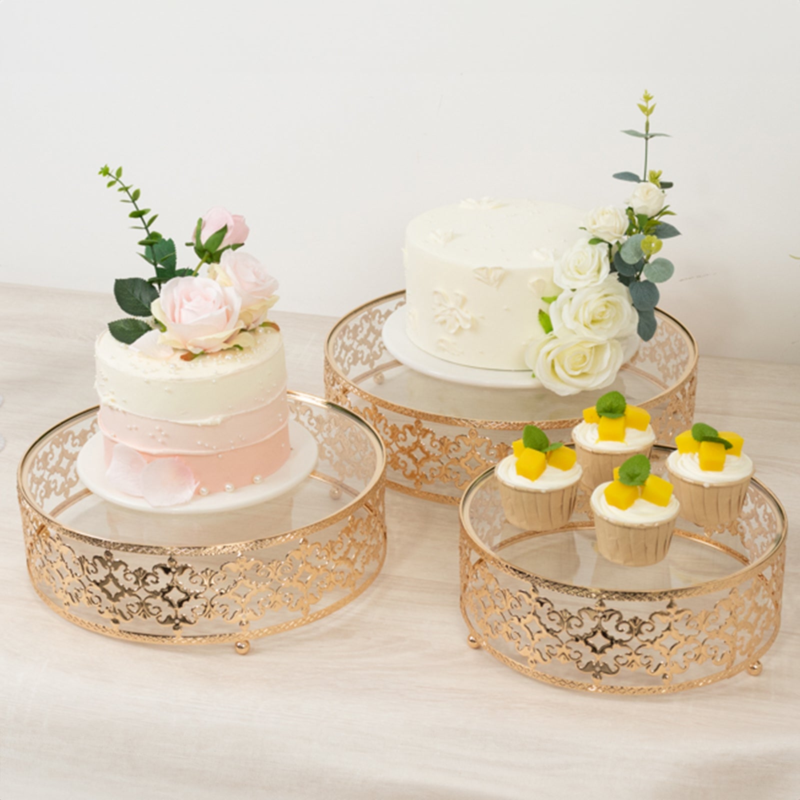 Set of 3 Baroque Ornate Gold Metal Cake Stands with Glass Top, Stackable Round Dessert Display Trays for Weddings, Parties, and Events - 10",12",14" Pro Linens