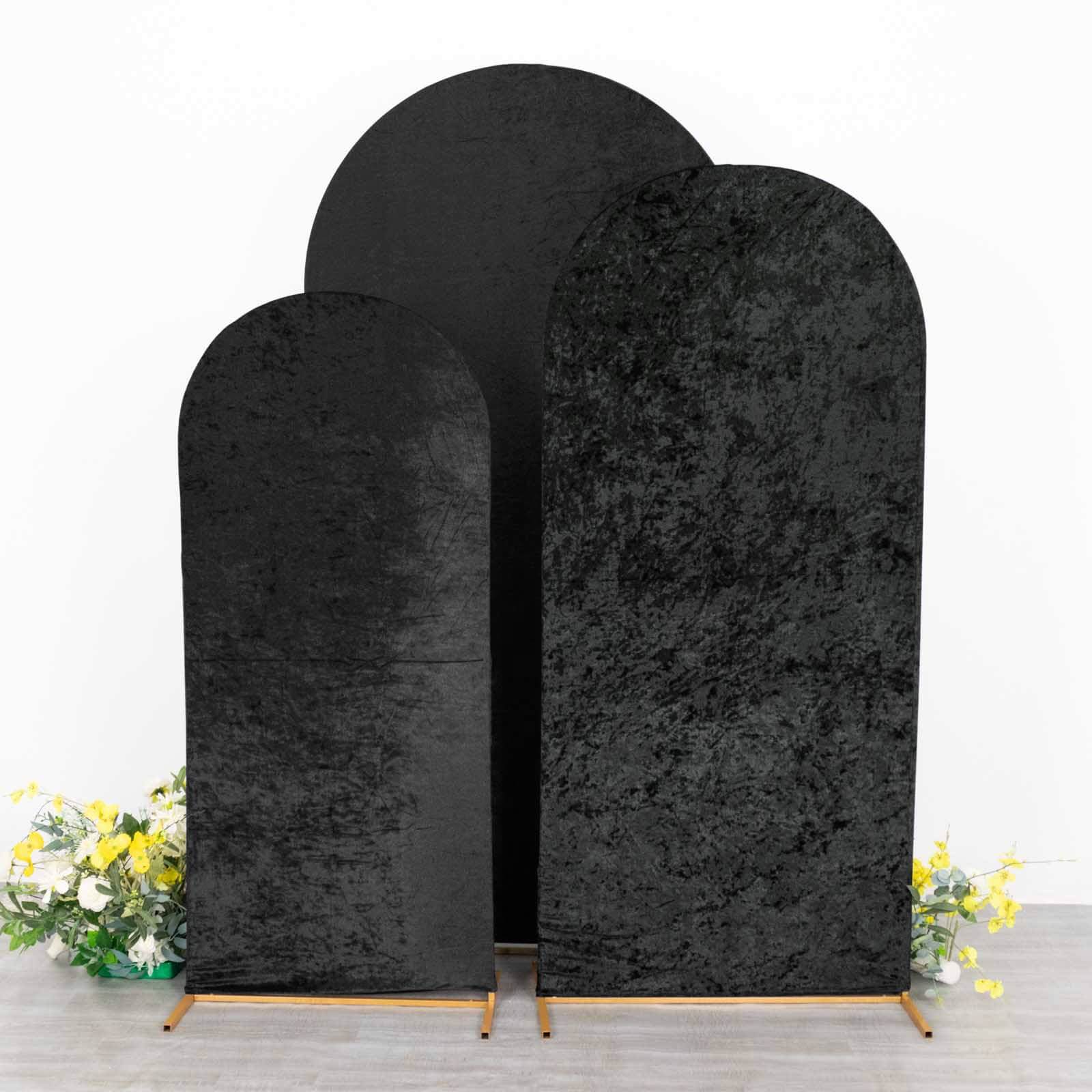 Set of 3 Black Crushed Velvet Chiara Backdrop Stand Covers For Round Top Wedding Arches - 5ft, 6ft, 7ft Pro Linens